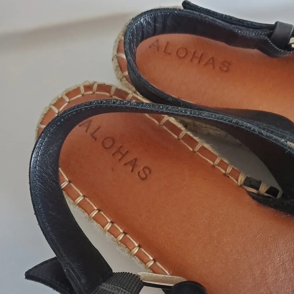 Alohas Crossed Black Leather Espadrilles Sandals Platform Made in Spain Size 36